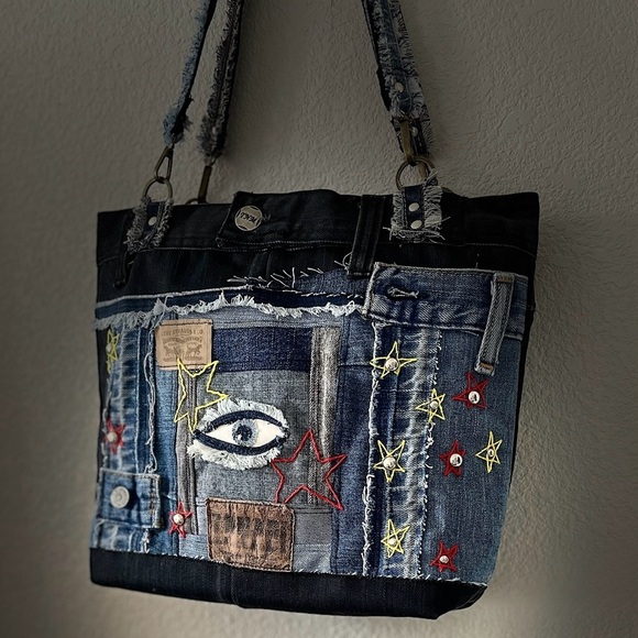 Denim patchwork shoulder bag-tote bag upcycled jeans boho bag - Picture 5 of 16